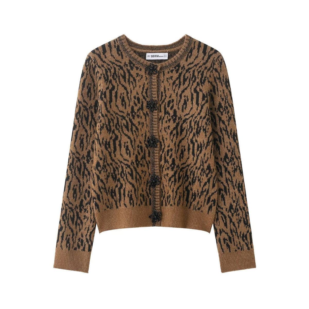 Women's Short Cardigan with Leopard Print and Pearl Flower Buttons Fashion Glam