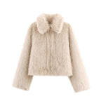 Ladies Short Fluffy Faux Fur Jacket with Lapel Collar and Straight Hem Fashion Glam
