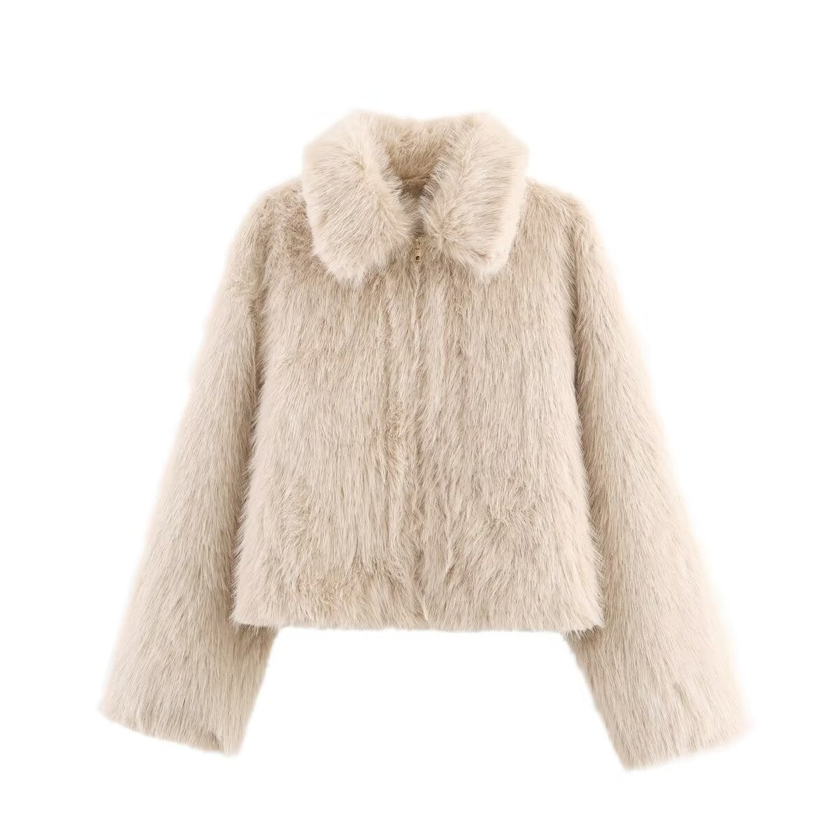 Ladies Short Fluffy Faux Fur Jacket with Lapel Collar and Straight Hem Fashion Glam