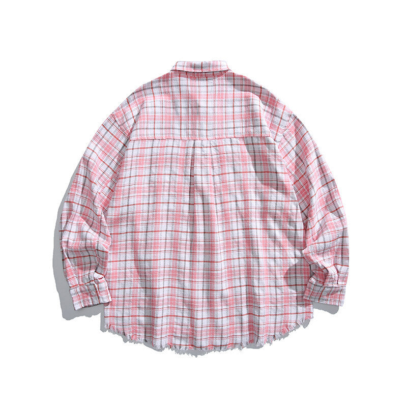 Unisex Boxy overshirt in checked linen blend with frayed hem and patch pockets Fashion Glam