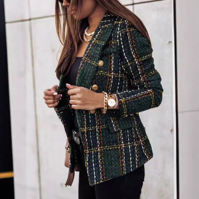 Ladies Tweed Blazer in Glencheck with double row button placket Fashion Glam