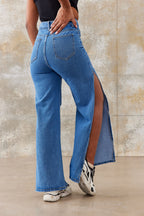 Women's high-waisted wide-leg jeans with large knee rips and side leg slits Fashion Glam