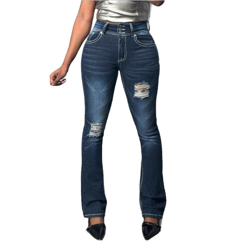 Women's Shaping High-Waist Bootcut Jeans with Triple Button Placket and Subtle Destroyed Look Fashion Glam