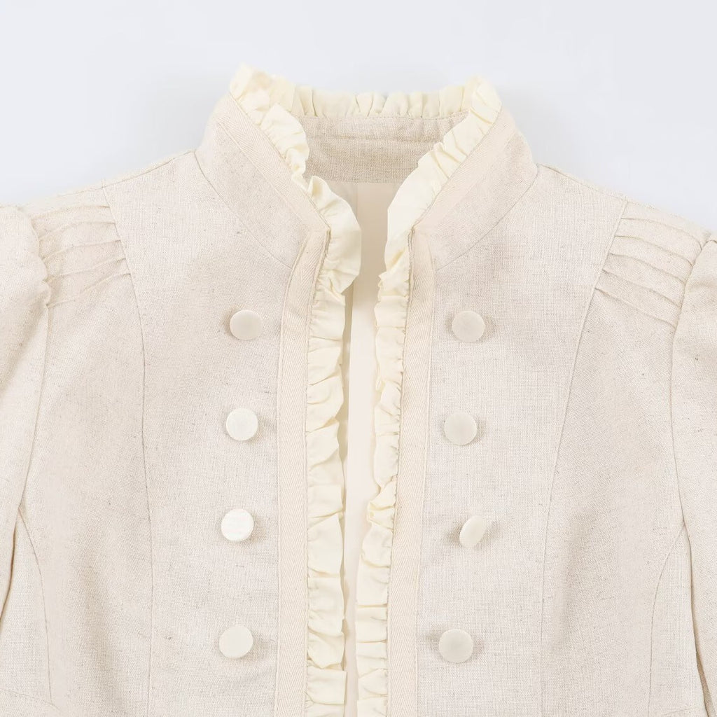 Women's Cropped Tailored Jacket with Stand-Up Collar Ruffle Trim and Decorative Buttons Fashion Glam