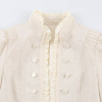 Women's Cropped Tailored Jacket with Stand-Up Collar Ruffle Trim and Decorative Buttons Fashion Glam