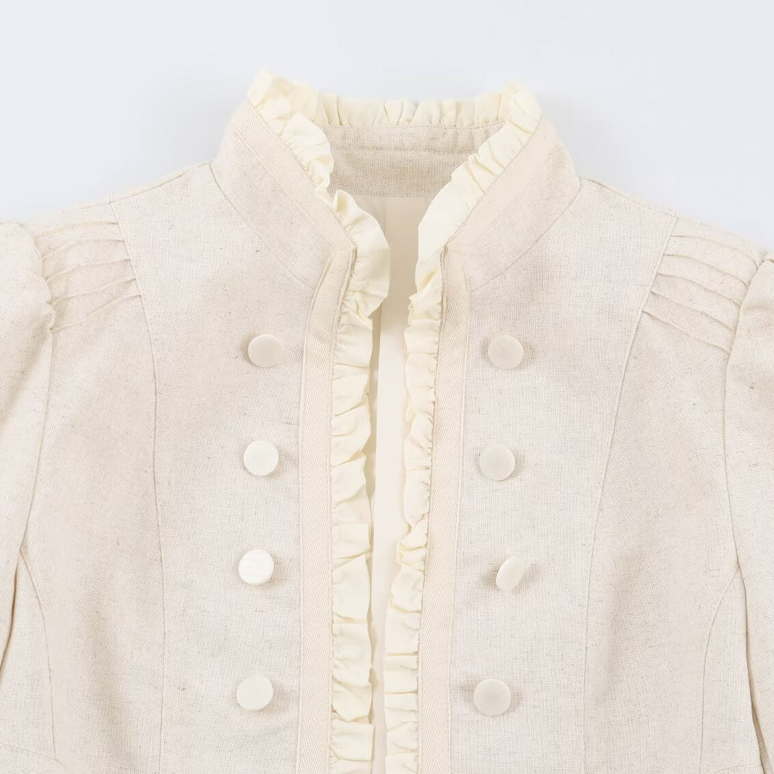 Women's Cropped Tailored Jacket with Stand-Up Collar Ruffle Trim and Decorative Buttons Fashion Glam