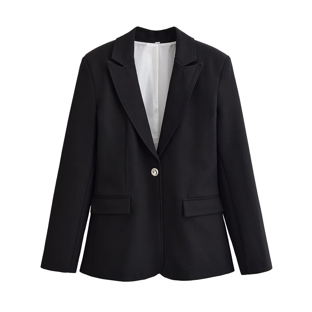 Women's Longer Tailored Single-Button Blazer with Narrow Lapels and Flap Pockets Fashion Glam