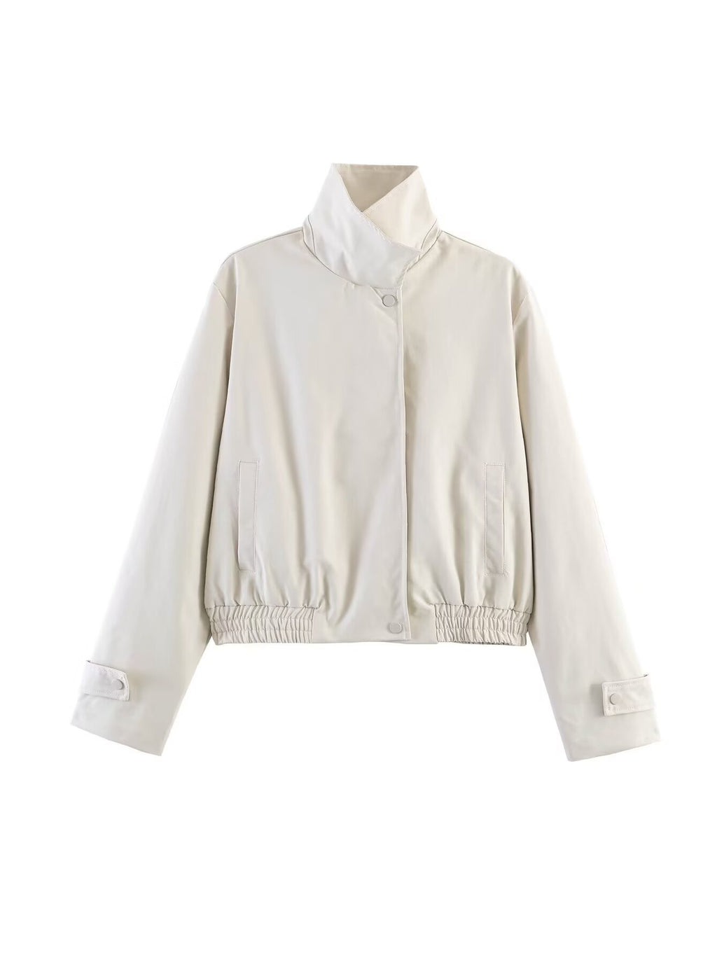 Ladies short jacket with high stand-up collar, elastic waistband and concealed snap button placket Fashion Glam
