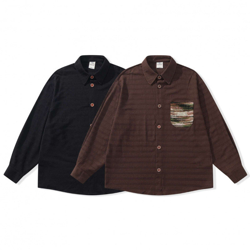Unisex structured knit shirt jacket with boxy oversized cut and contrasting chest pocket Fashion Glam