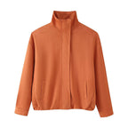 Women's Boxy Short Jacket with High Stand Collar and Concealed Zipper Fashion Glam