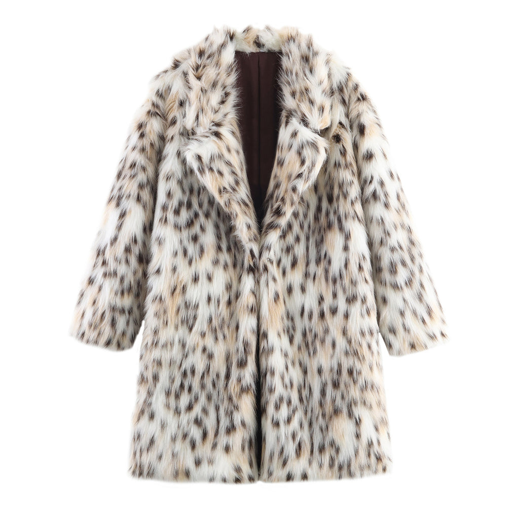 Women's midi coat made of faux fur with leopard print, oversized fit and shawl collar Fashion Glam