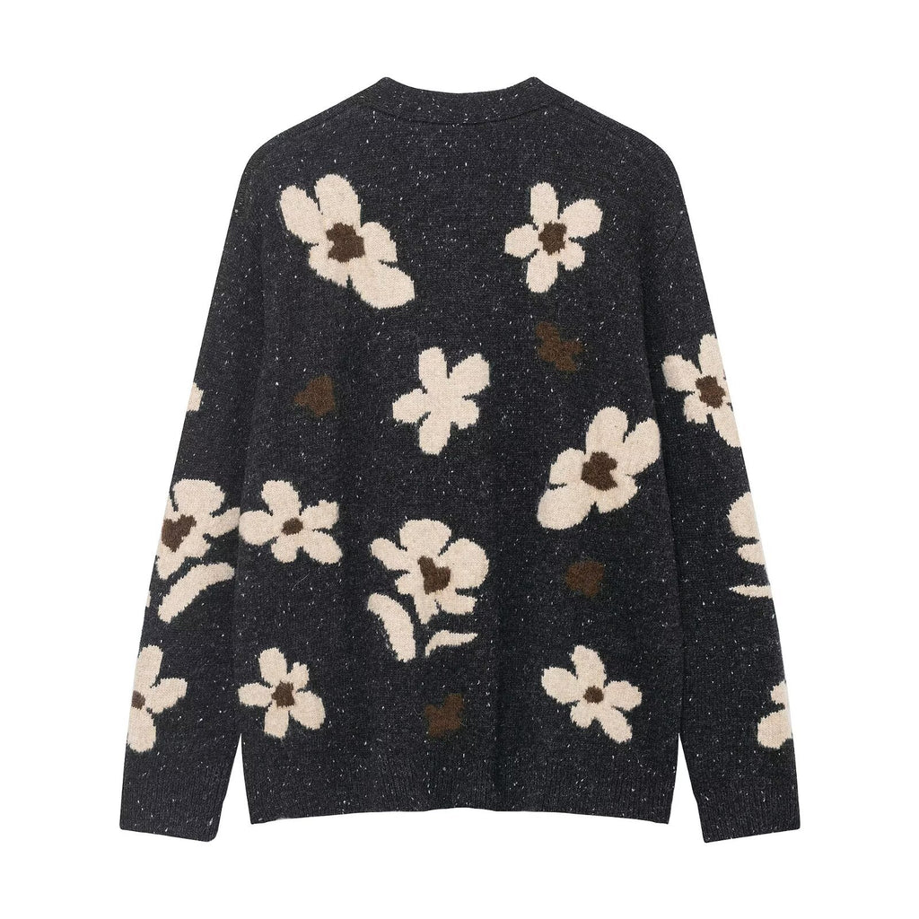 Women's Short Cardigan with Leopard Print and Pearl Flower Buttons Fashion Glam