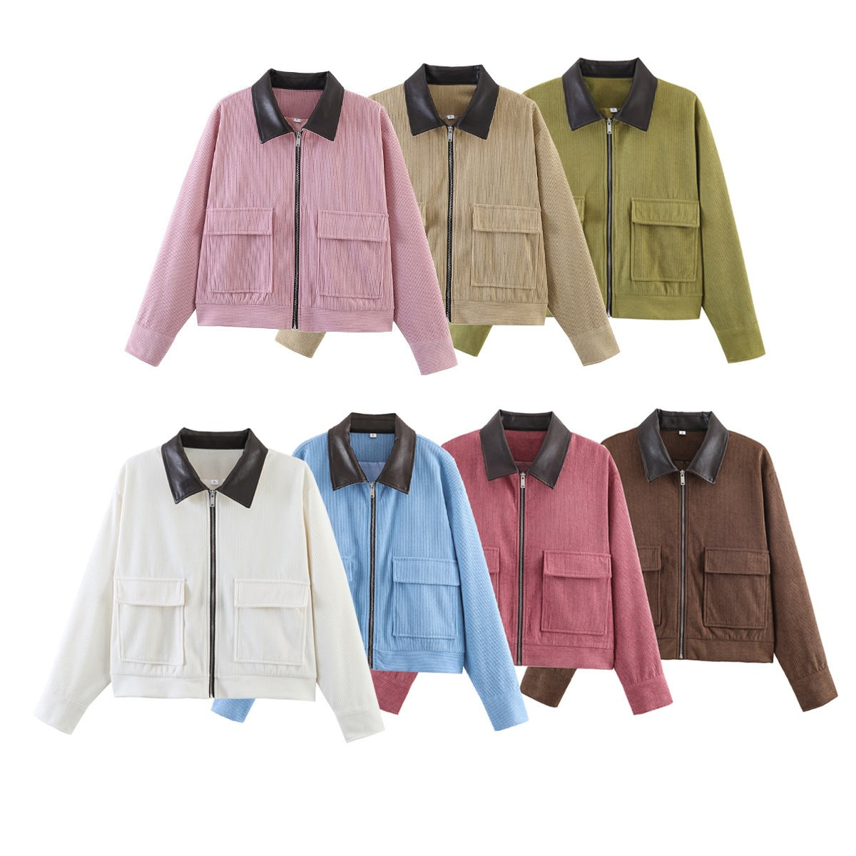 Women Ribbed Short Jacket with Zipper, Patch Pockets and Contrast Faux Leather Collar Fashion Glam