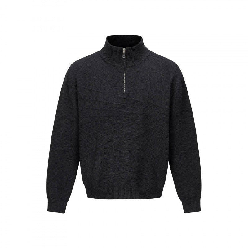 Unisex fine knit half-zip sweater with standing collar and diagonal structure Fashion Glam