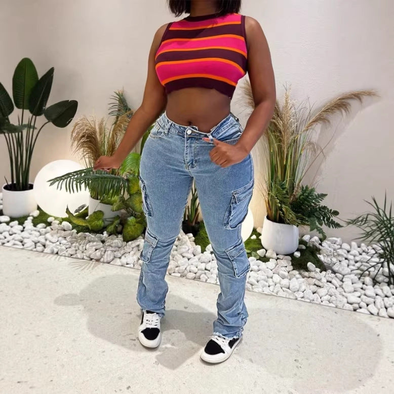 Ladies Cargo Denim Jeans with High Waist, Slim Fit Hips and Patch Utility Pockets Fashion Glam