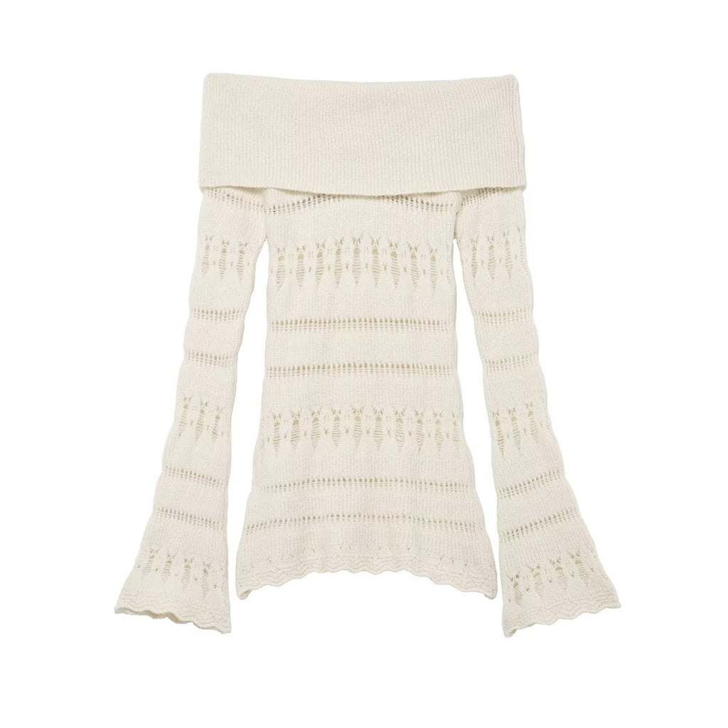 Women's Off-Shoulder Fine Knit Sweater with Folded Roll Neck and Bell Sleeves Fashion Glam