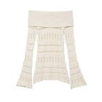 Women's Off-Shoulder Fine Knit Sweater with Folded Roll Neck and Bell Sleeves Fashion Glam