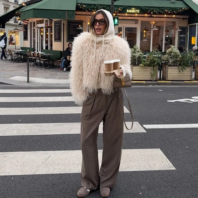Ladies short bouclé faux fur jacket with voluminous long pile and boxy silhouette Fashion Glam