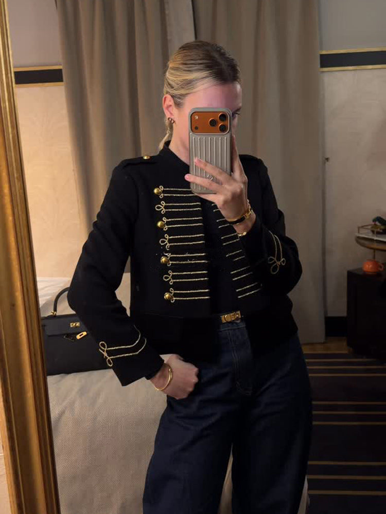 Ladies Short Cut Military Parade Jacket with Decorative Cords and Decorative Buttons Fashion Glam