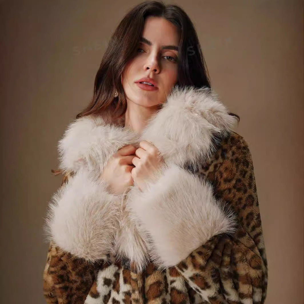 Women's Mid-Length Faux Fur Coat with Contrasting High-Pile Shawl Collar and Leopard Print Fashion Glam
