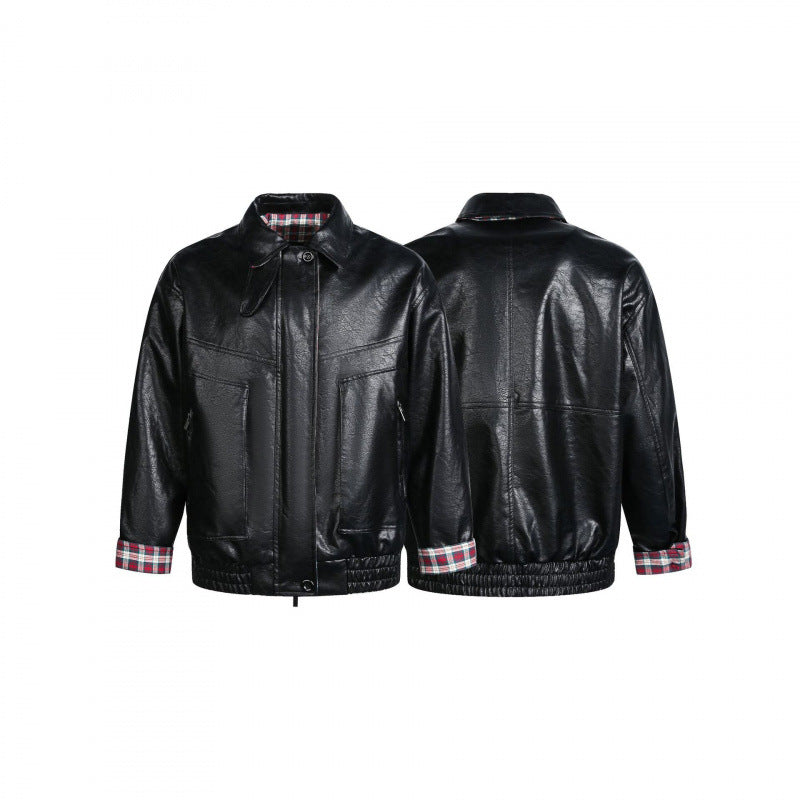 Men's faux leather blouson with check lining, zipper and elastic hem Fashion Glam