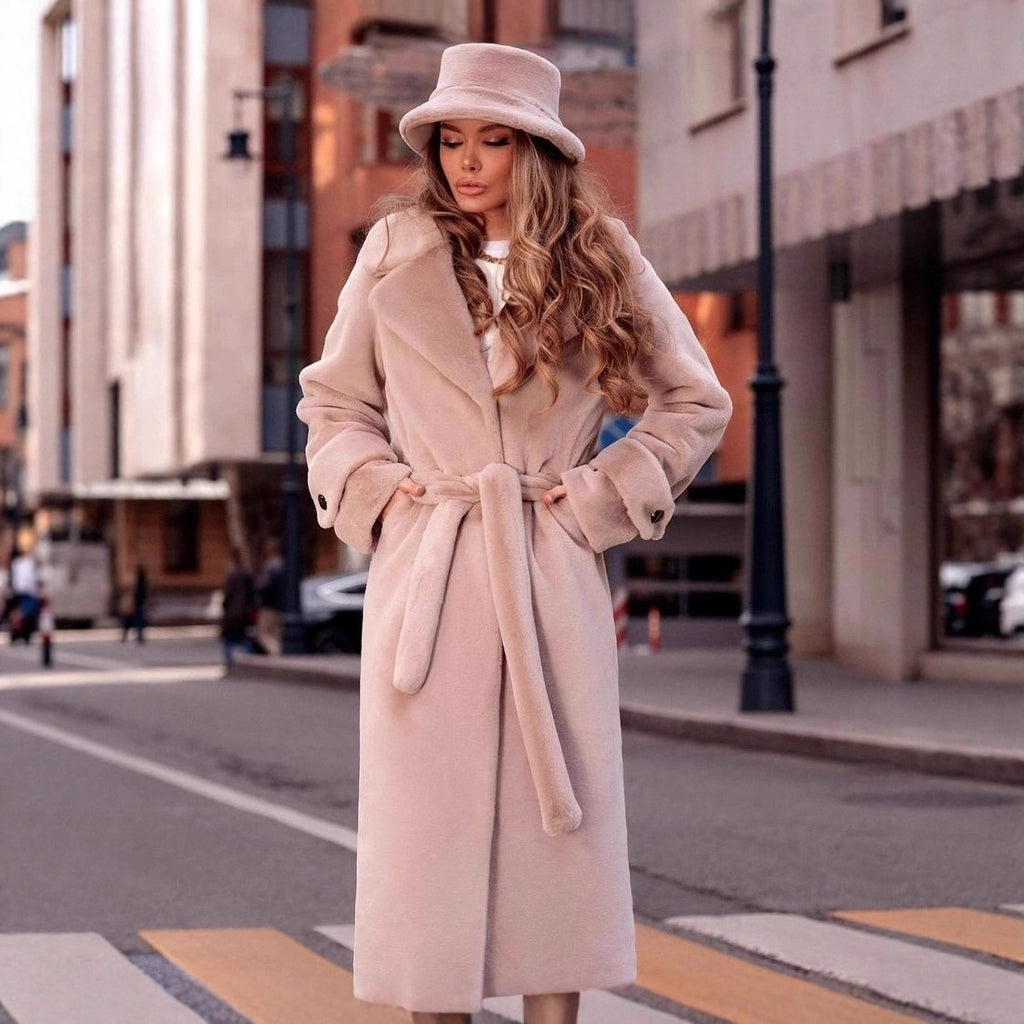 Women Elegant Maxi Wool Coat with Waist Belt, Wide Lapel and Roll-Up Cuffs Fashion Glam