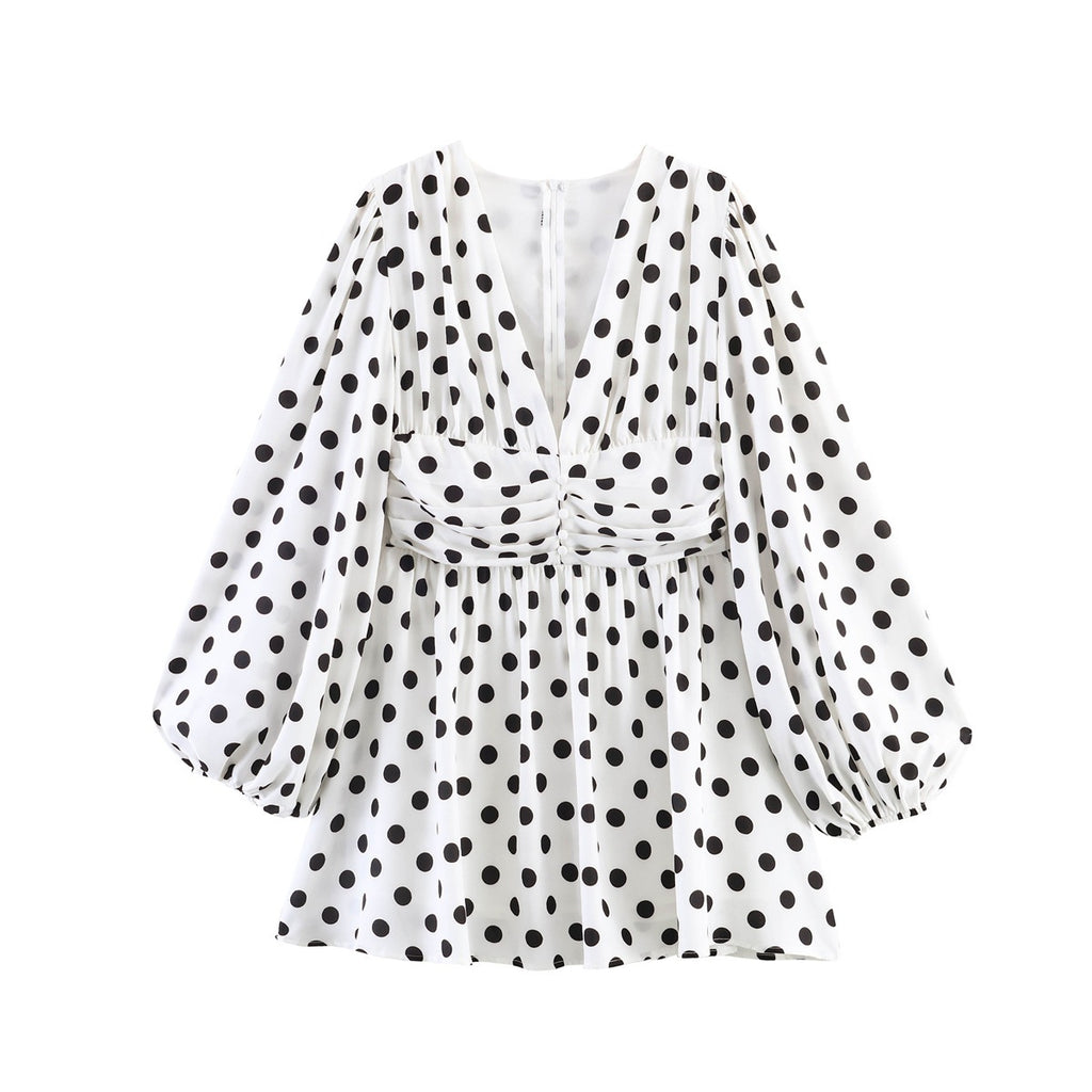 Ladies Polka Dot Blouse with Deep V-Neck, Gathered Waistline and Voluminous Balloon Sleeves Fashion Glam