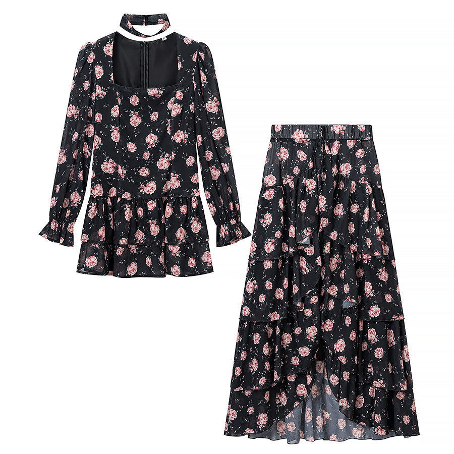 Women’s Two-Piece Chiffon Set – Tailored Ruffle Blouse with Square Neckline, Choker and Tiered Wrap Maxi Skirt Fashion Glam