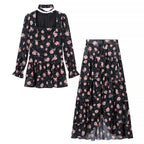 Women’s Two-Piece Chiffon Set – Tailored Ruffle Blouse with Square Neckline, Choker and Tiered Wrap Maxi Skirt Fashion Glam