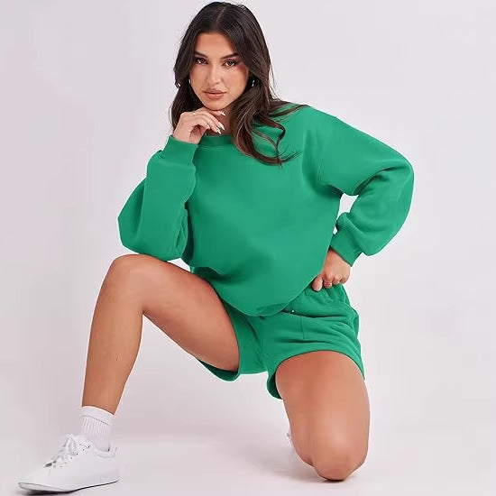 Women's Casual Two-Piece Lounge Sweatset with Oversized Round Neck Sweatshirt and High-Waist Relax Shorts Fashion Glam