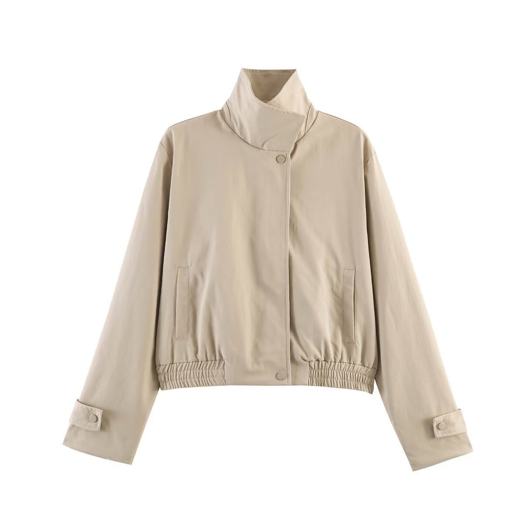 Women’s short-cut minimalist blouson jacket made of soft vegan leather with a lapel collar and elastic hem Fashion Glam