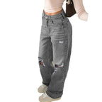 Women's High-Waisted Loose Destroyed Jeans with Straight Leg Fashion Glam