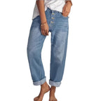 Ladies High-Waist Relaxed-Fit Jeans in Boyfriend Style with Visible Button Placket and Rolled Hem Fashion Glam
