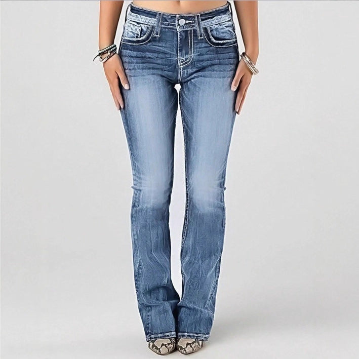Women mid-rise bootcut jeans with vintage wash, light stretch and five-pocket design Fashion Glam