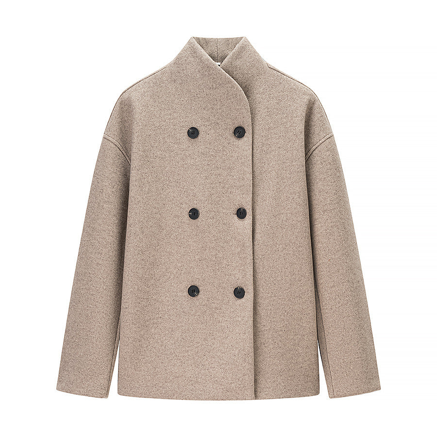 Women Boxy Double-breasted Wool Blend Coat with High Wrap Collar Fashion Glam