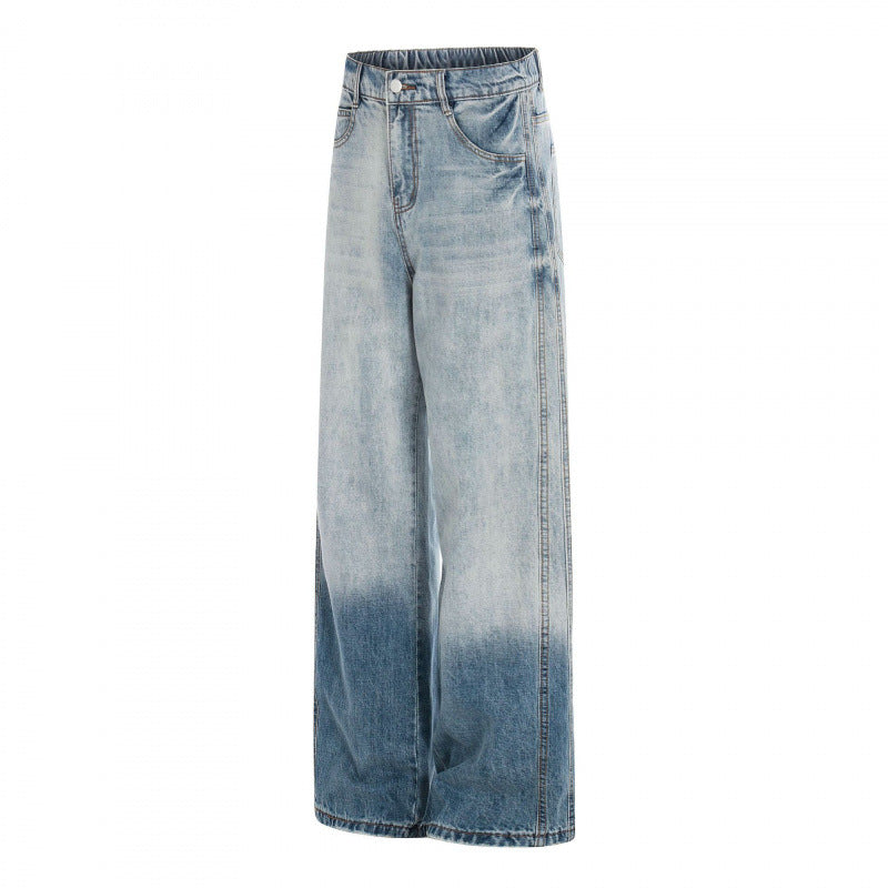 Women's Wide High-Waist Denim Jeans with Ombre Hem and Elastic Back Fashion Glam