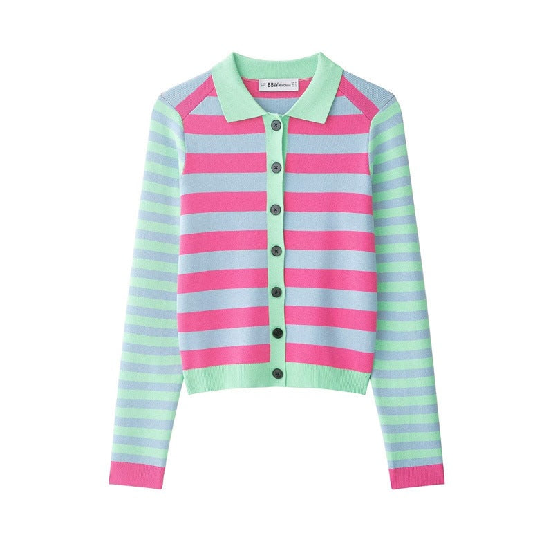 Women's Striped Short Knit Jacket with Polo Collar, Contrasting Button Placket and Ribbed Cuffs Fashion Glam