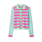 Women's Striped Short Knit Jacket with Polo Collar, Contrasting Button Placket and Ribbed Cuffs Fashion Glam