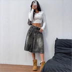 Ladies midi skirt made of denim with vintage wash, pleats and high waist Fashion Glam