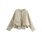 Women Lightweight Cropped Bomber Jacket with Round Neck, Two-Way Zipper and Flap Pockets Fashion Glam