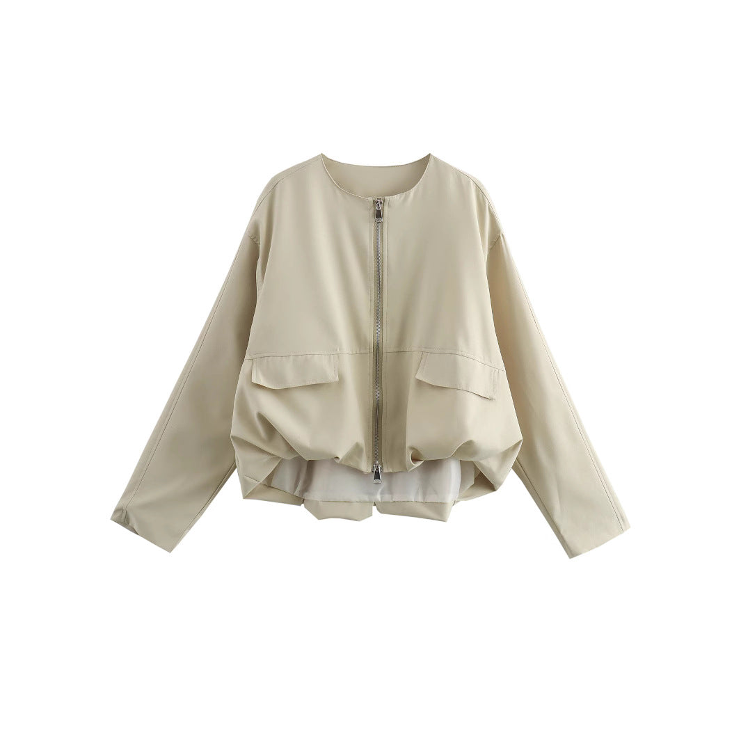 Women Lightweight Cropped Bomber Jacket with Round Neck, Two-Way Zipper and Flap Pockets Fashion Glam