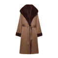 Women longer coat with faux fur trim and tie belt Fashion Glam