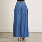Women High-Waisted Denim Palazzo Pants with Gathered Box Pleat and Extra Wide Leg Fashion Glam