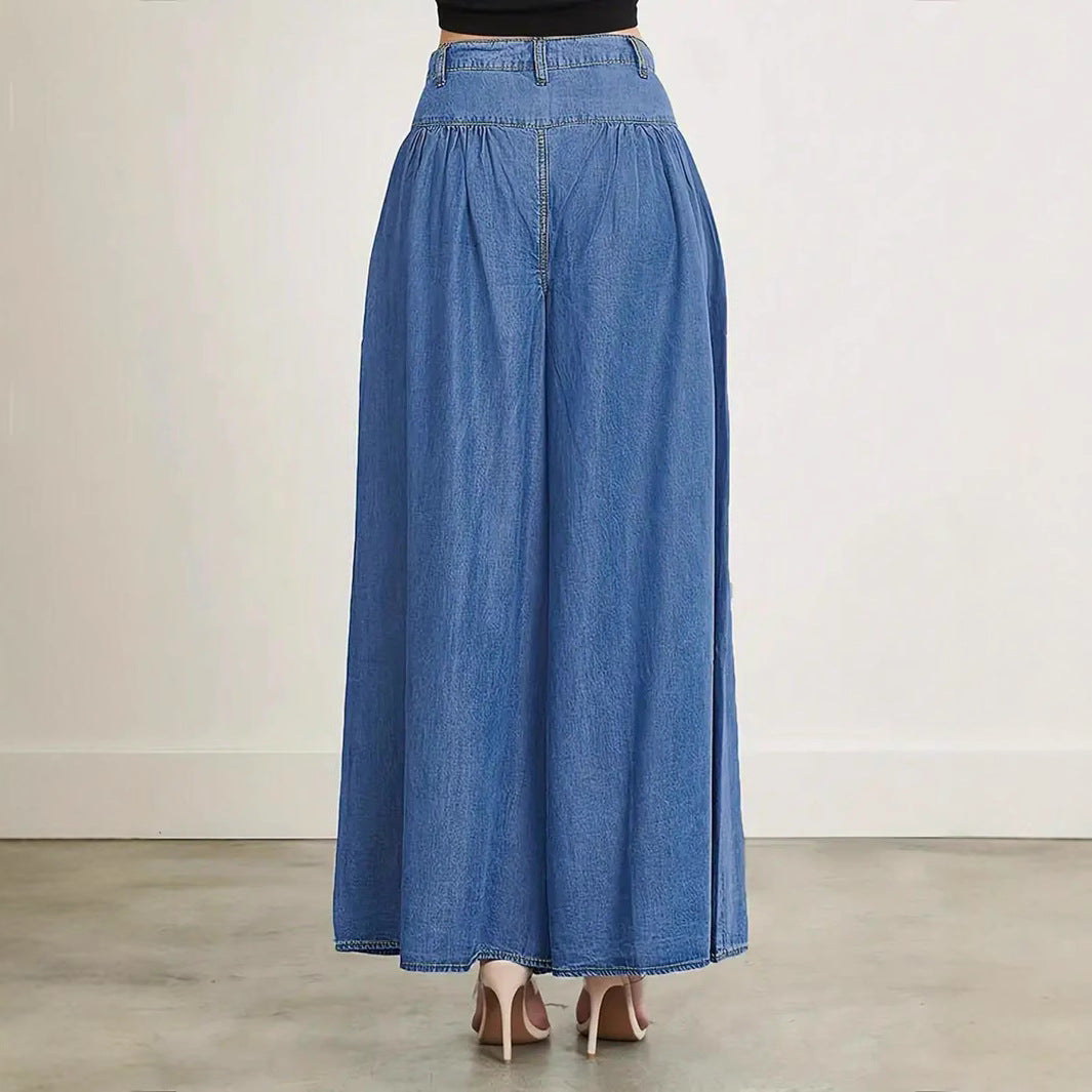 Women High-Waisted Denim Palazzo Pants with Gathered Box Pleat and Extra Wide Leg Fashion Glam