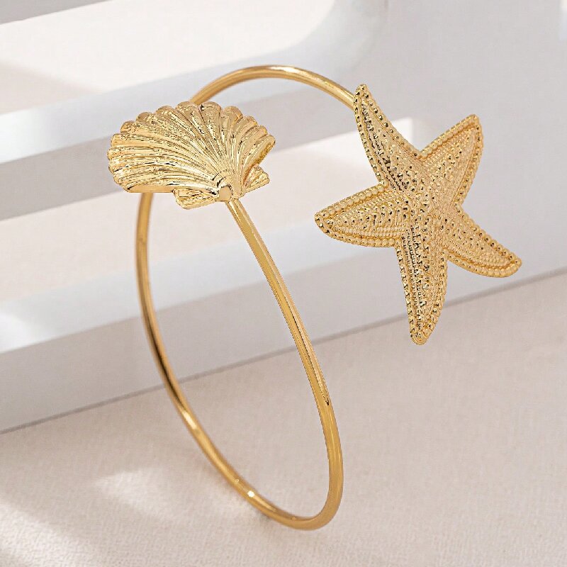 Women Open Bangle with Maritime Star and Shell Design Fashion Glam
