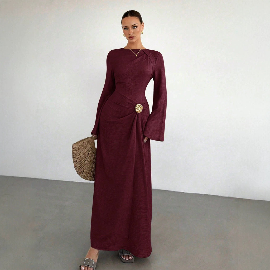 Ladies max dress with draping, decorative brooch and wide trumpet sleeves Fashion Glam