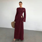 Ladies max dress with draping, decorative brooch and wide trumpet sleeves Fashion Glam