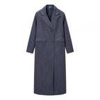 Women's maxi coat in pinstripe look with double-breasted button placket and lapel collar Fashion Glam