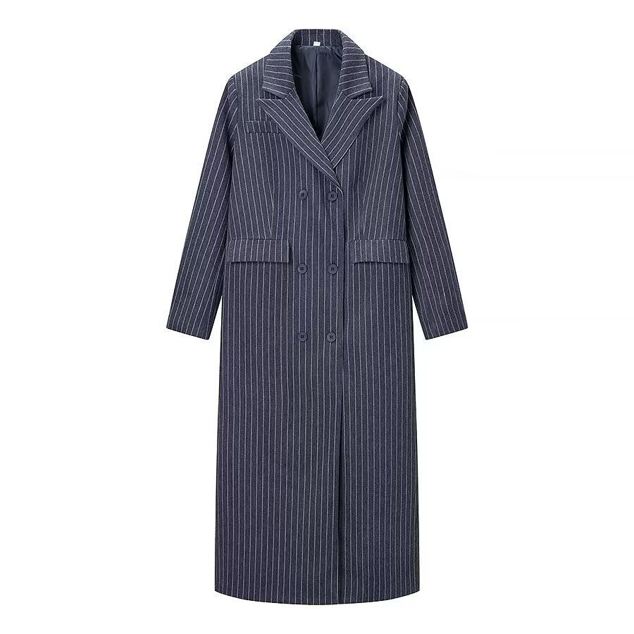 Women's maxi coat in pinstripe look with double-breasted button placket and lapel collar Fashion Glam