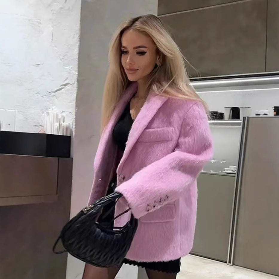 Women's short blazer-coat made of teddy fleece with lapel collar Fashion Glam